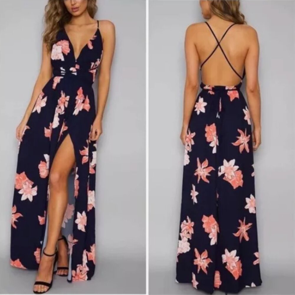 Backless Floral Maxi Dress - M